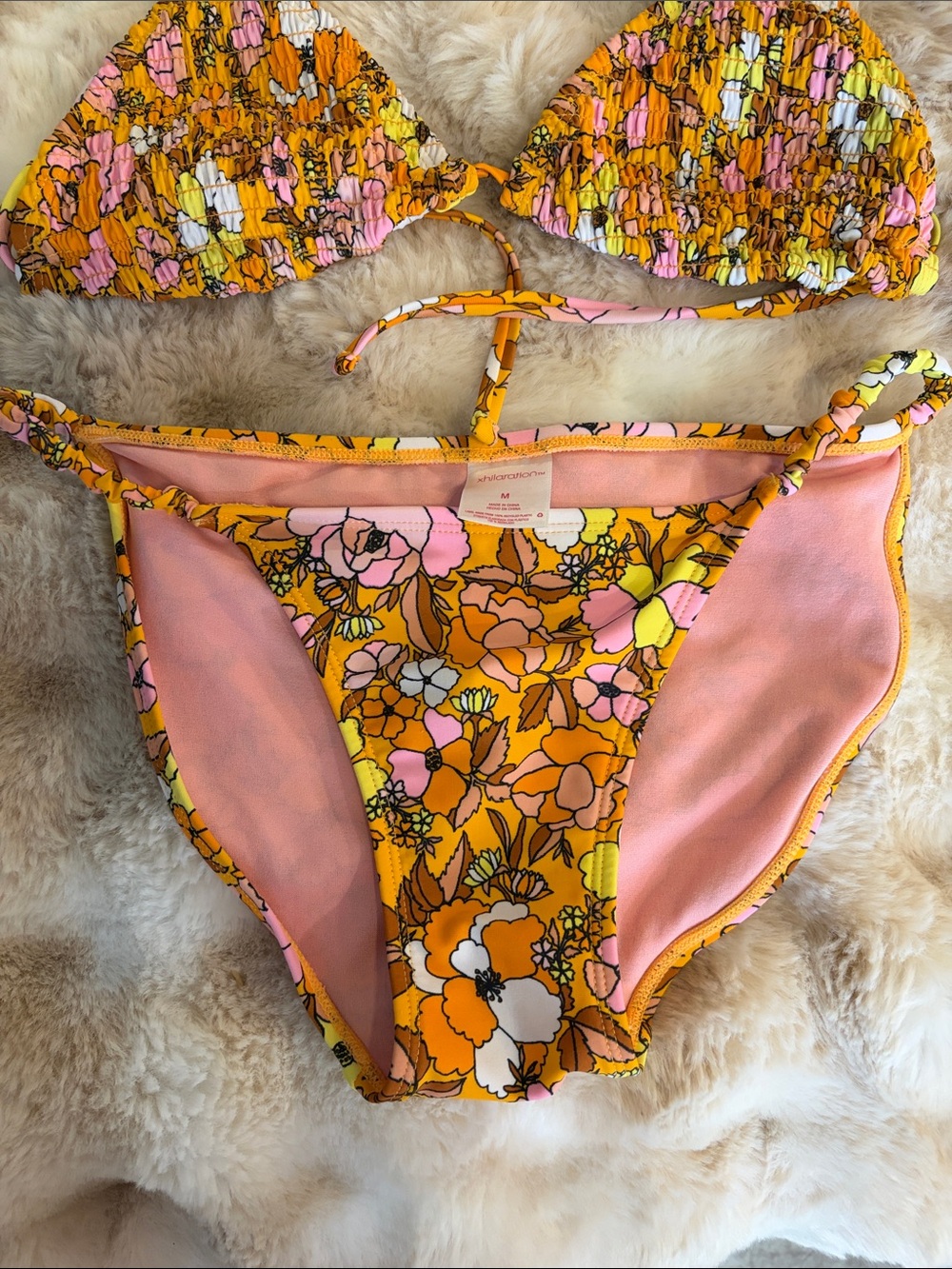 Xhilaration orange pink and yellow floral print bikini size medium - Picture 2 of 8